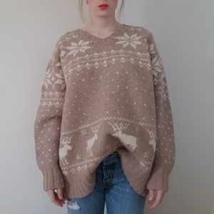 Vintage 90s INC 100% Wool Holiday Sweater M Reindeer Snowflake Poinsettia